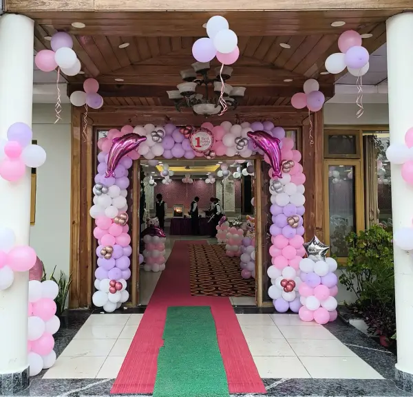 Balloon archway entrance decorated for a birthday celebration