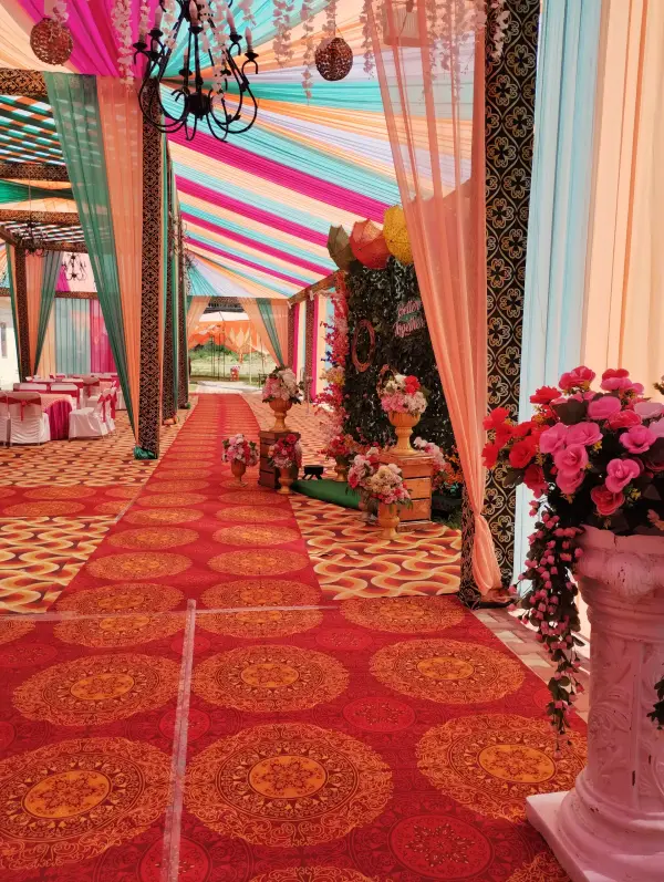 Colourful draped walkway leading into the banquet venue