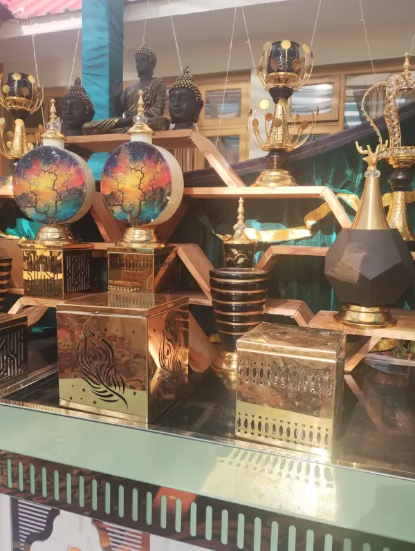 Decorative brassware and ornaments on display